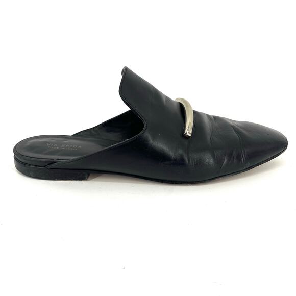 Via Spiga Shoes - Via Spiga Women's Black Leather Square Toe Leather Flat Mules Gold Bar 37 / US7